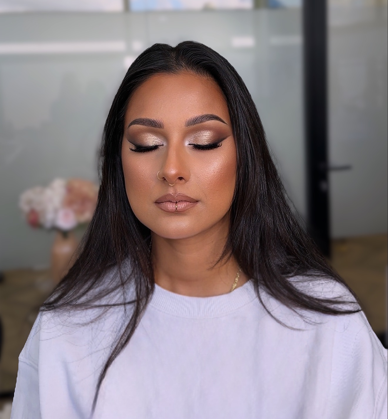 Neutral shimmer eye and soft glam makeup by RAUNAQ