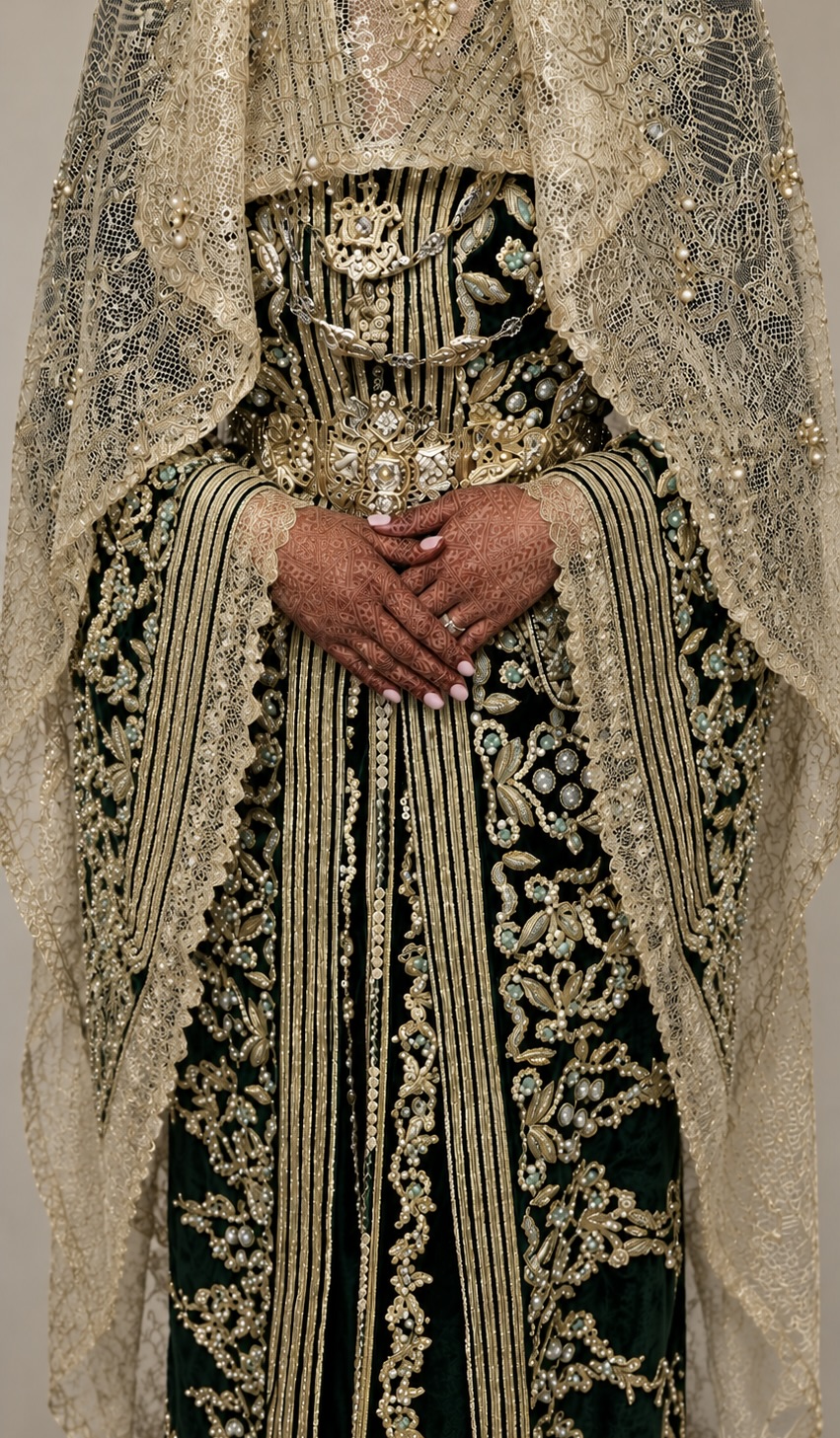 Traditional bridal look with detailed jewellery, lace and henna by RAUNAQ
