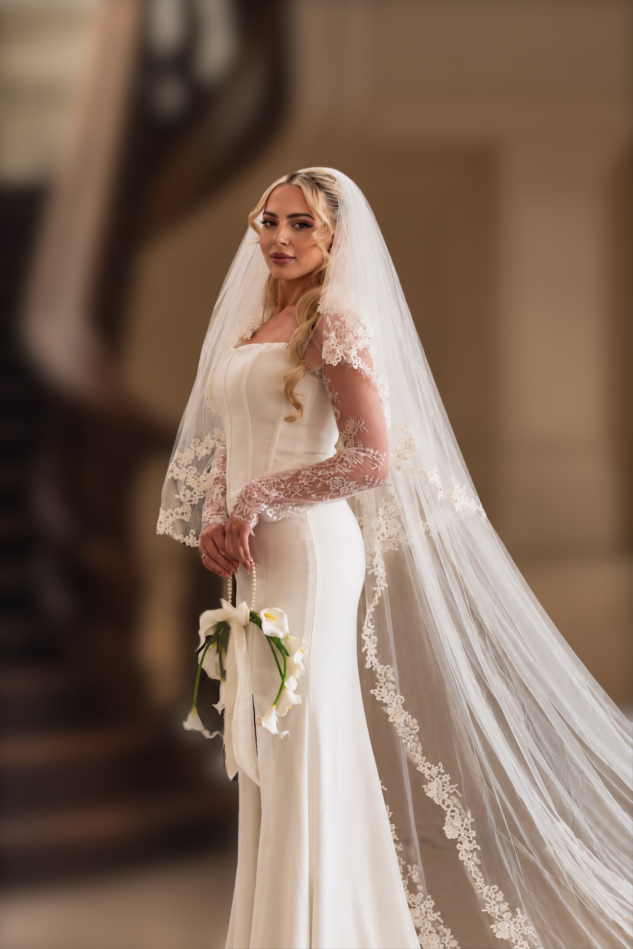Bride in a long lace veil with RAUNAQ bridal styling